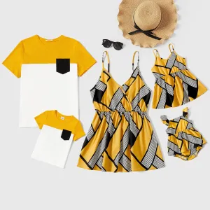 Family Matching Cotton Colorblock Short-sleeve Tee and Allover Geo Print Cami Tops