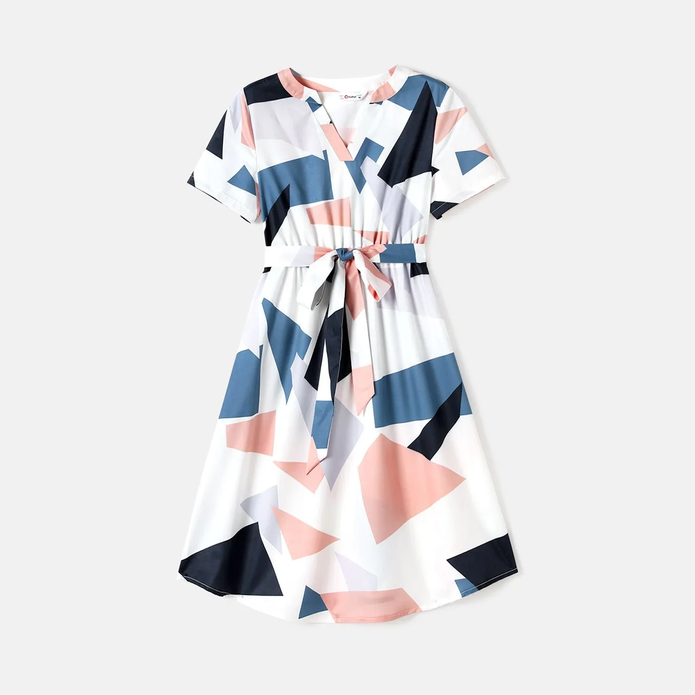 Family Matching Cotton Short-sleeve Colorblock T-shirts and Geo Print Belted Dresses Sets