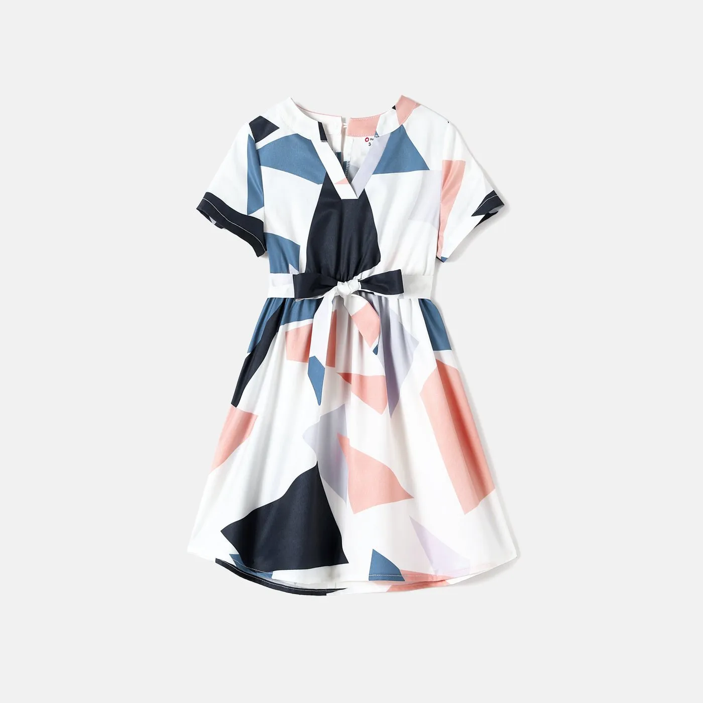 Family Matching Cotton Short-sleeve Colorblock T-shirts and Geo Print Belted Dresses Sets