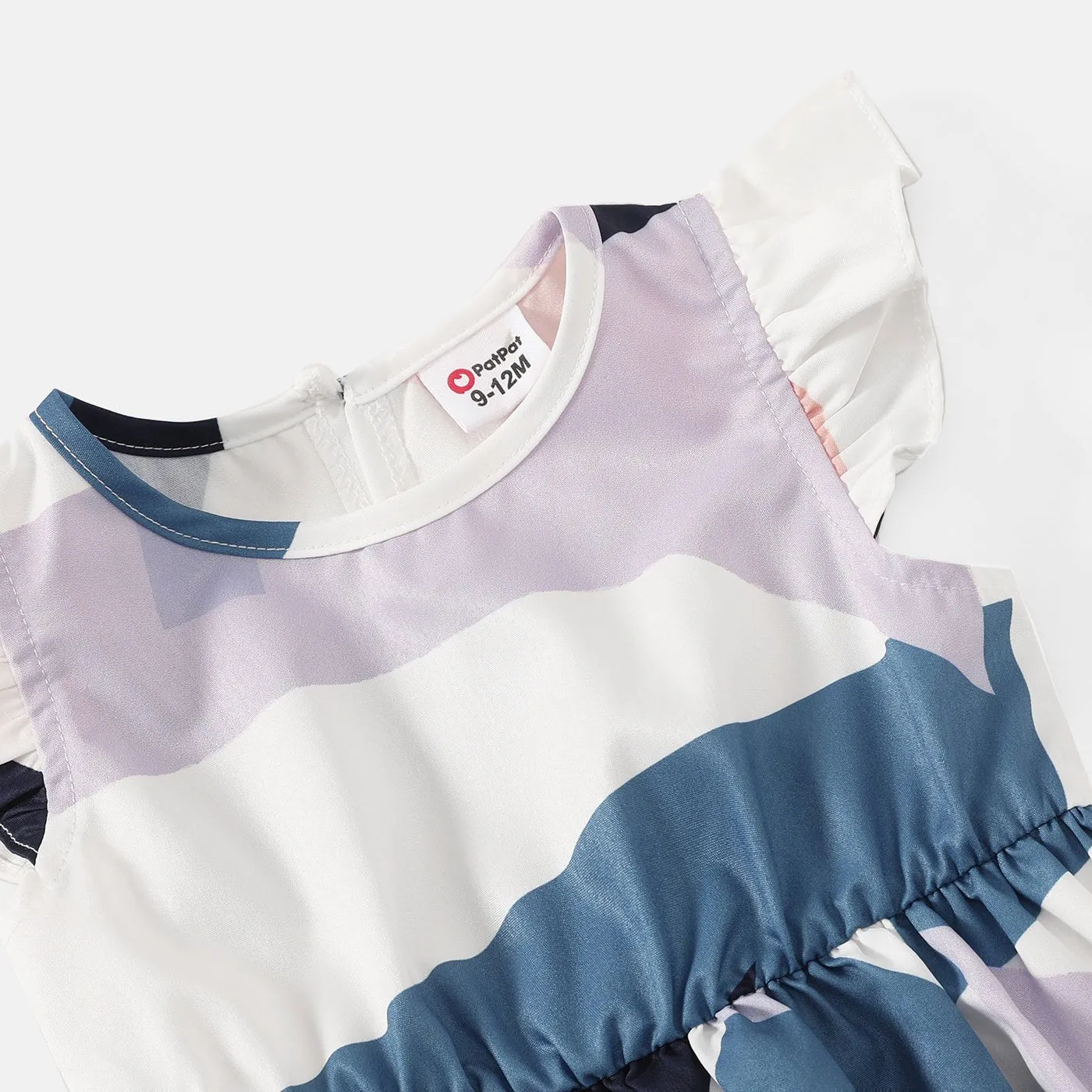 Family Matching Cotton Short-sleeve Colorblock T-shirts and Geo Print Belted Dresses Sets