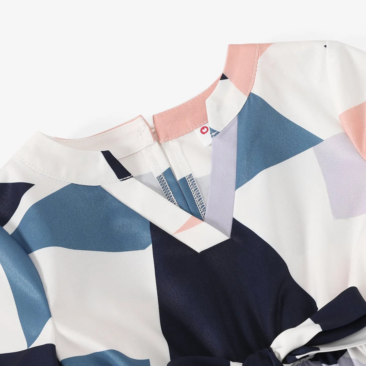Family Matching Cotton Short-sleeve Colorblock T-shirts and Geo Print Belted Dresses Sets