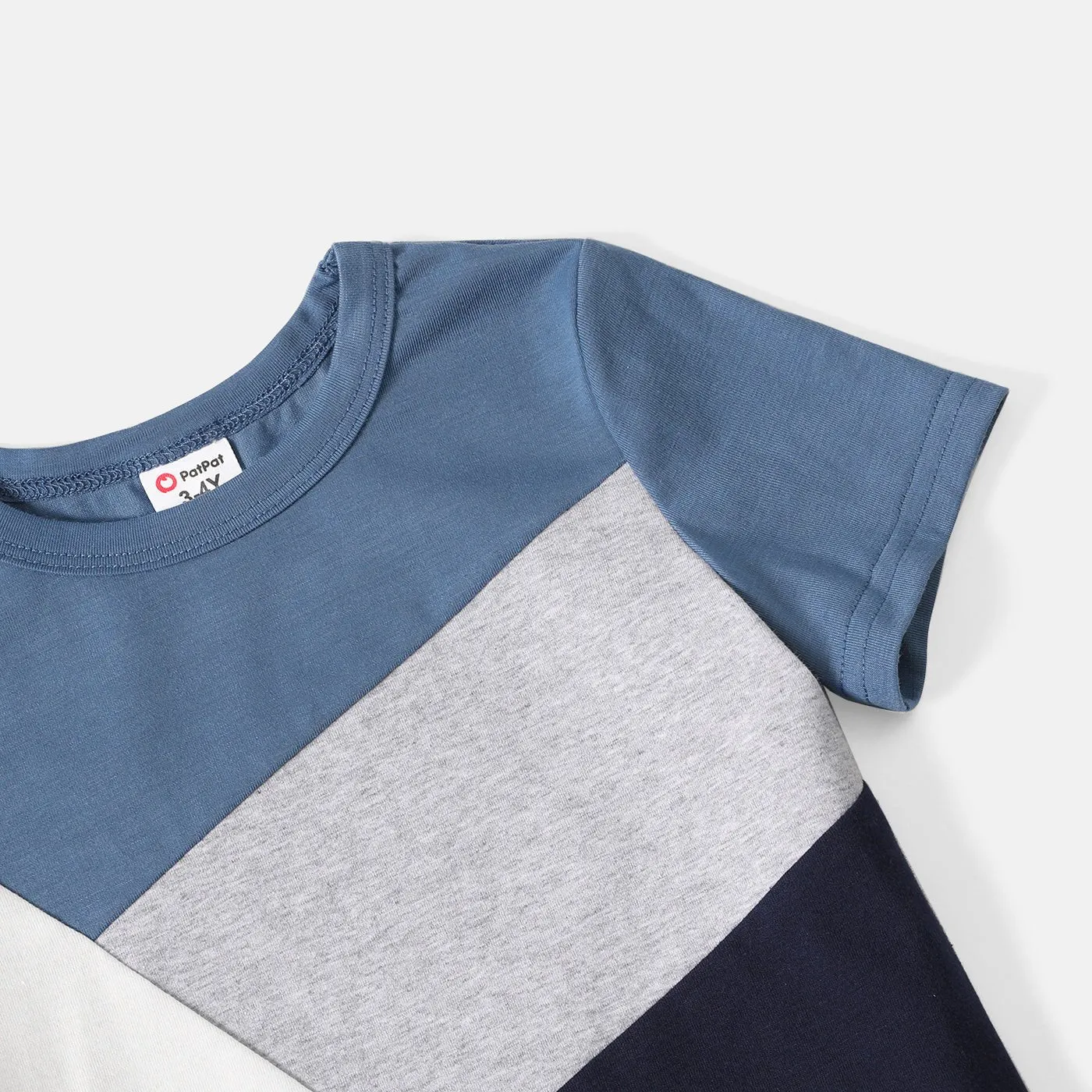 Family Matching Cotton Short-sleeve Colorblock T-shirts and Geo Print Belted Dresses Sets