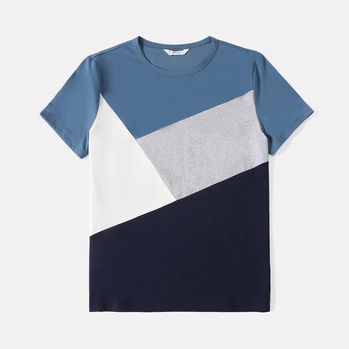 Family Matching Cotton Short-sleeve Colorblock T-shirts and Geo Print Belted Dresses Sets