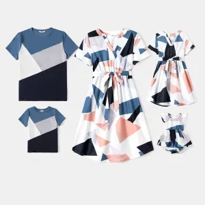 Family Matching Cotton Short-sleeve Colorblock T-shirts and Geo Print Belted Dresses Sets