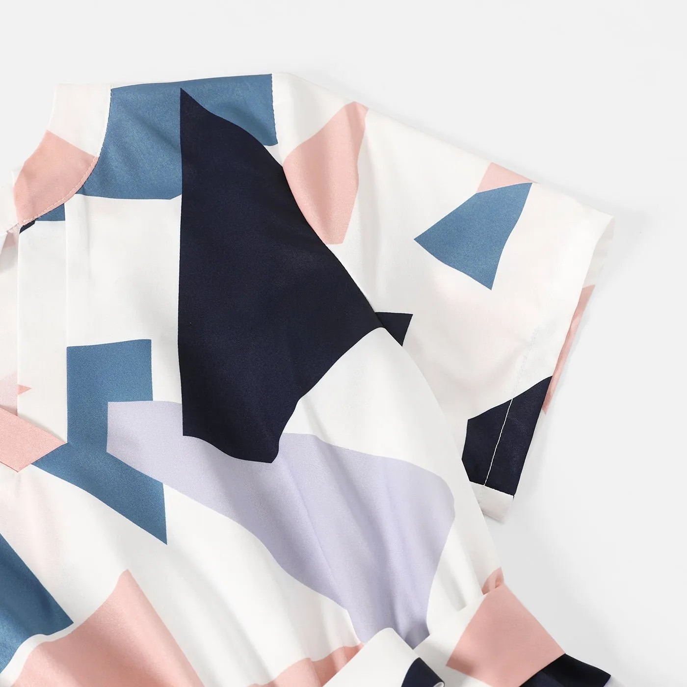 Family Matching Cotton Short-sleeve Colorblock T-shirts and Geo Print Belted Dresses Sets