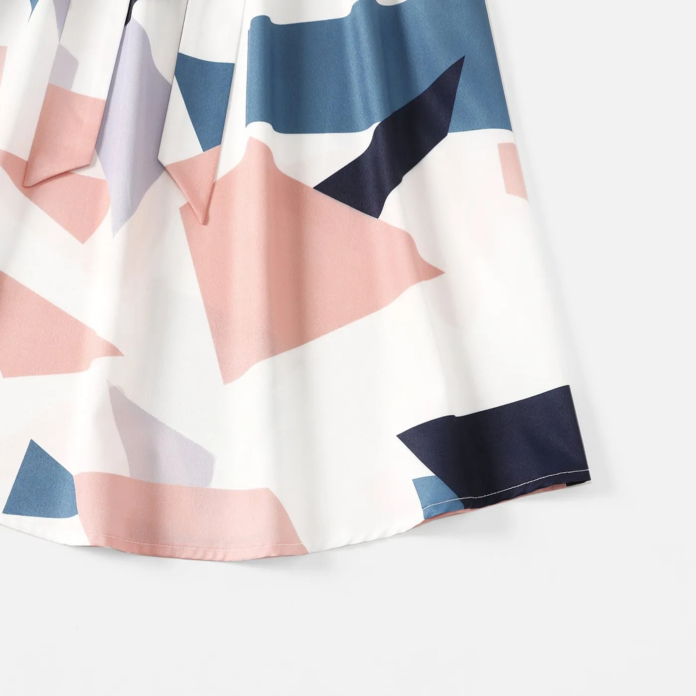 Family Matching Cotton Short-sleeve Colorblock T-shirts and Geo Print Belted Dresses Sets