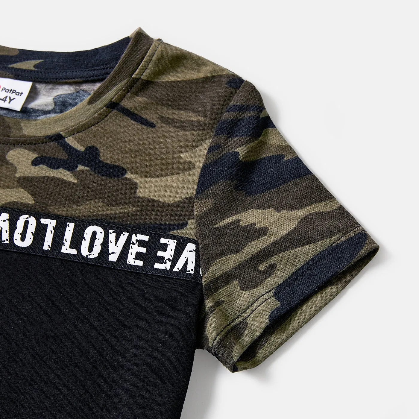 Family Matching Letter Design Camouflage Halter Neck Sleeveless Bodycon Dresses and Cotton Short-sleeve Spliced T-shirts Sets