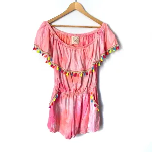 Fantastic Fawn Pink Off the Shoulder Tie Dye Tassel Romper- Size L