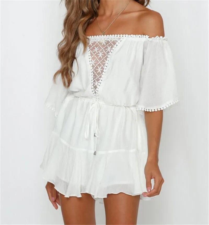Fashionkova  White Lace Summer Urban Women Off Shoulder Playsuit Shorts Ladies Elegant Backless Ruffle Romper Sexy Shorts Overalls Jumpsuits