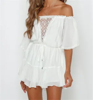 Fashionkova  White Lace Summer Urban Women Off Shoulder Playsuit Shorts Ladies Elegant Backless Ruffle Romper Sexy Shorts Overalls Jumpsuits