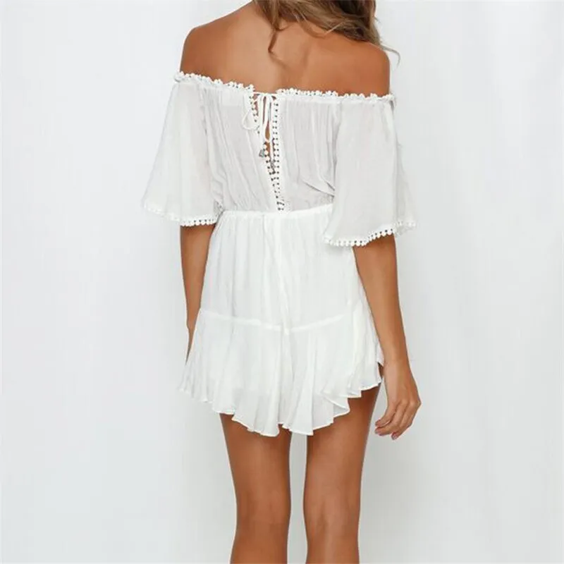 Fashionkova  White Lace Summer Urban Women Off Shoulder Playsuit Shorts Ladies Elegant Backless Ruffle Romper Sexy Shorts Overalls Jumpsuits