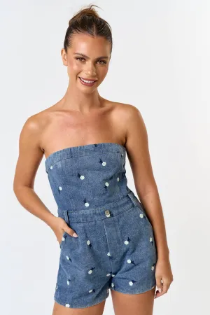 Floral Embroidered Denim Romper