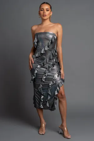 FOILED METALLIC RUFFLED TIERED SLITTED MIDI DRESS