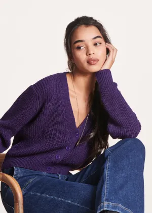 Gilet court violet en maille irisée col V