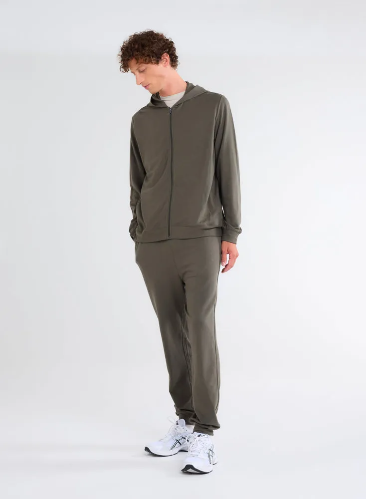 Gilet Kaki Zippé à Capuche Manches Longues en Viscose et Élasthanne