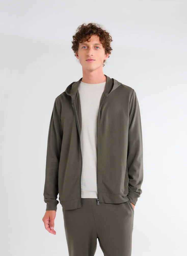 Gilet Kaki Zippé à Capuche Manches Longues en Viscose et Élasthanne