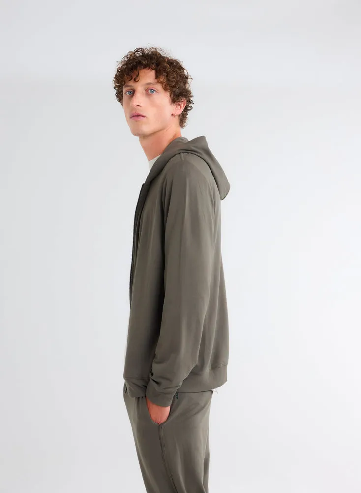 Gilet Kaki Zippé à Capuche Manches Longues en Viscose et Élasthanne