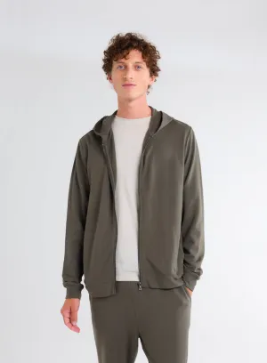 Gilet Kaki Zippé à Capuche Manches Longues en Viscose et Élasthanne