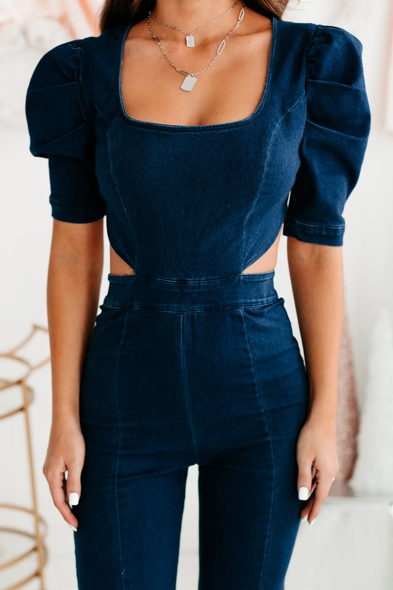 Girl In The City Cut-Out Denim Jumpsuit (Medium Indigo)
