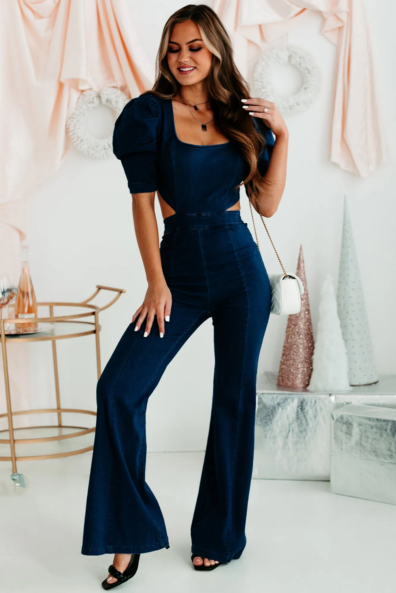 Girl In The City Cut-Out Denim Jumpsuit (Medium Indigo)