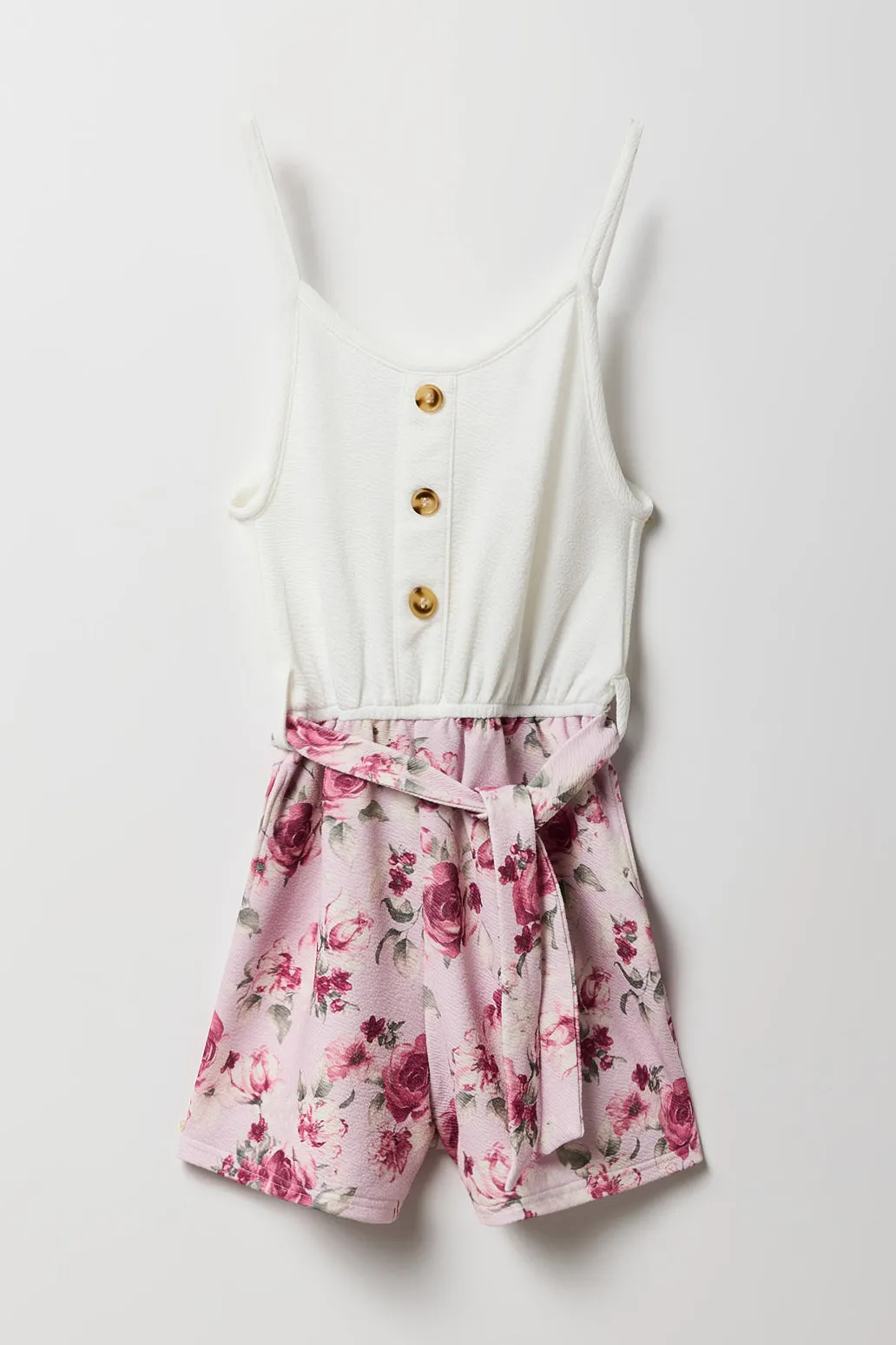 Girls Button Front Belted Romper