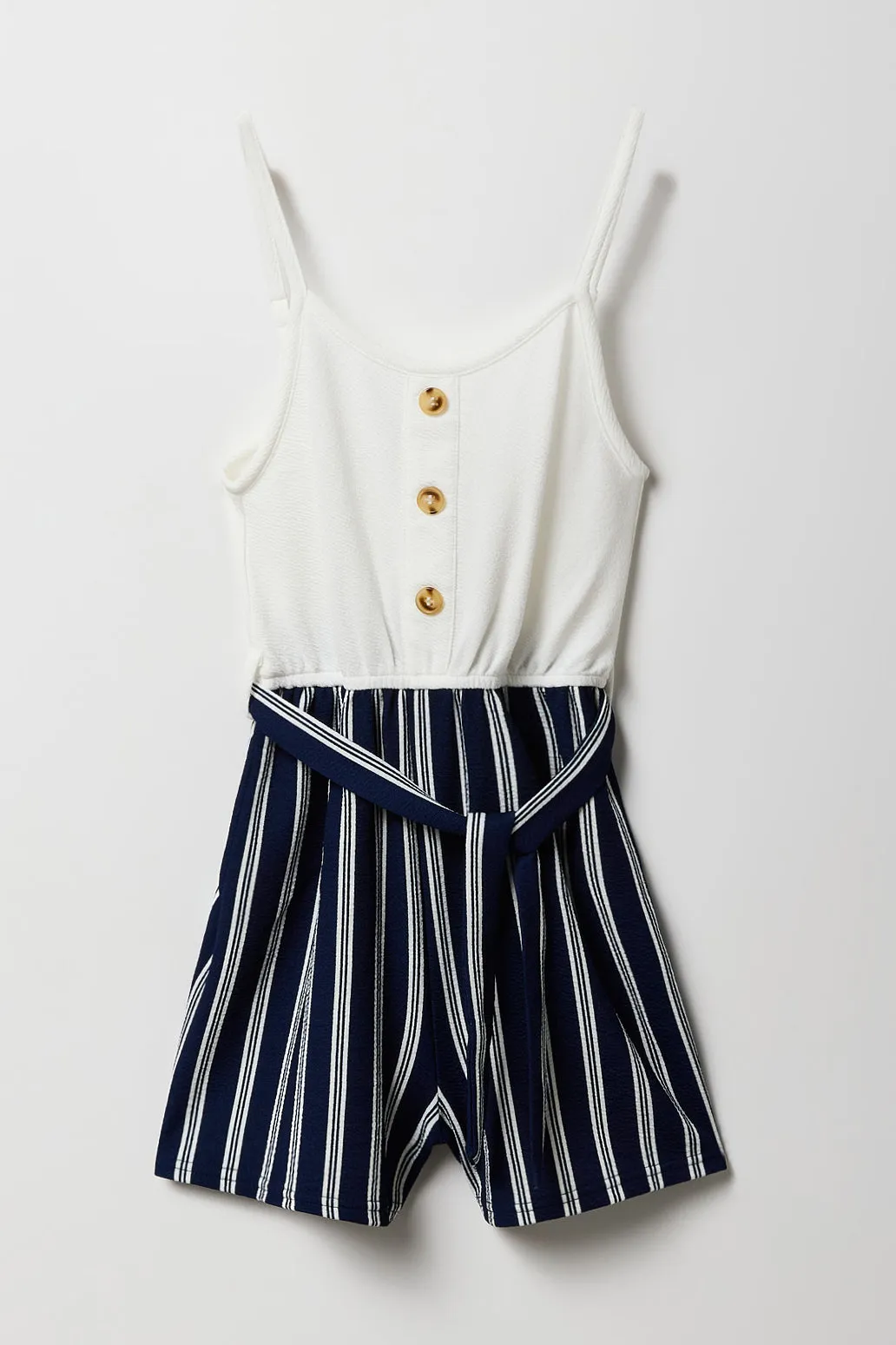 Girls Button Front Belted Romper