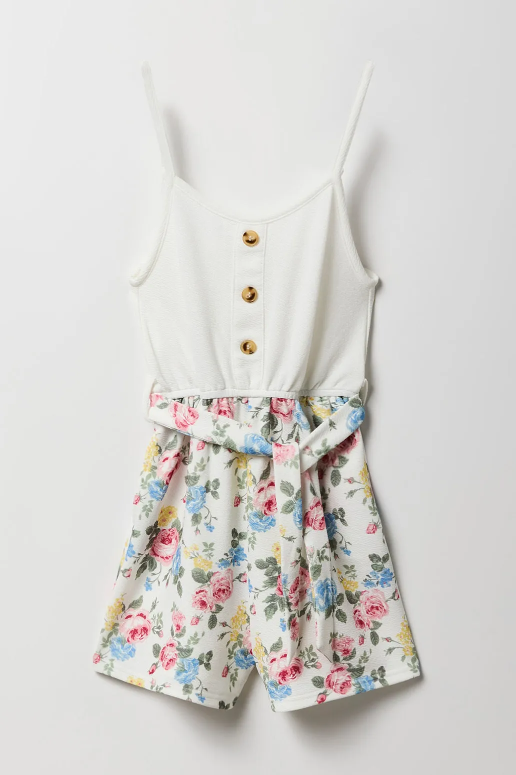 Girls Button Front Belted Romper