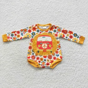 girls orange bus floral long sleeve onesie LR0399