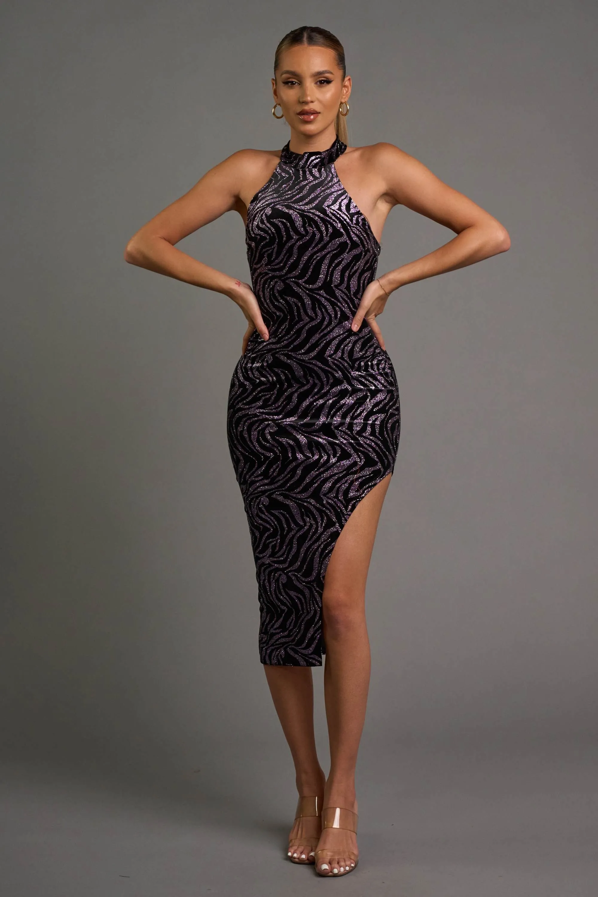 GLAM ZEBRA VELVET GLITTER HALTER NECK MIDI DRESS