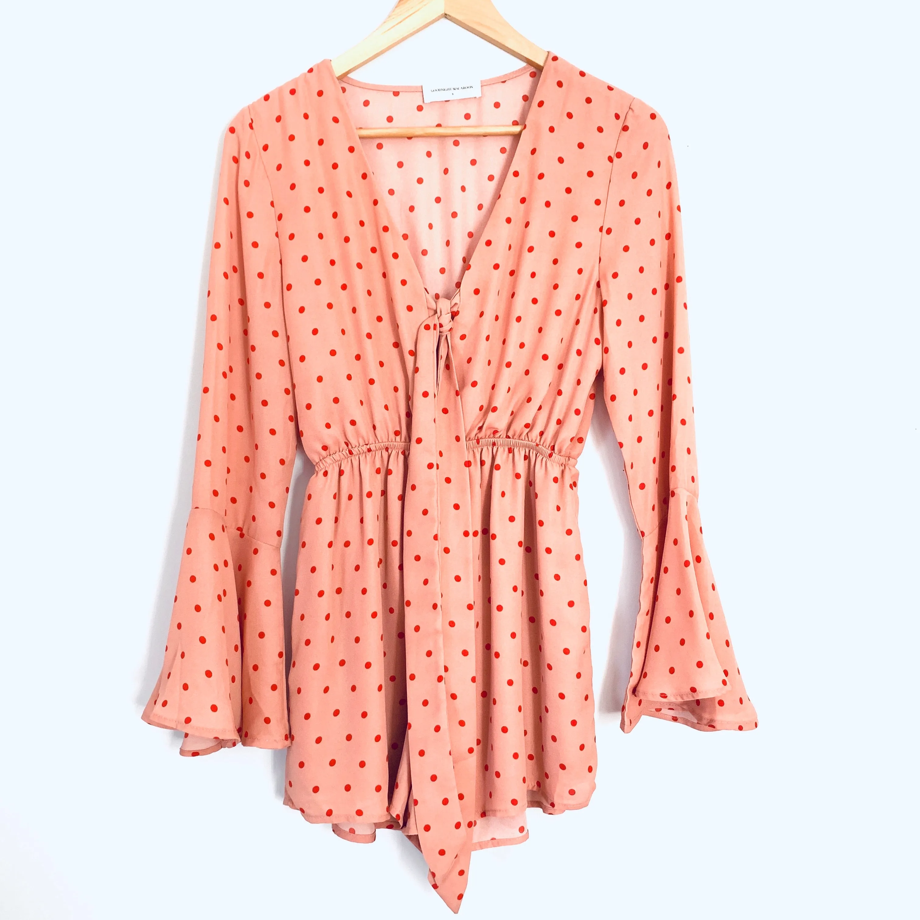 Goodnight Macaroon Pink and Red Dot Tie Front Long Sleeve Romper- Size S