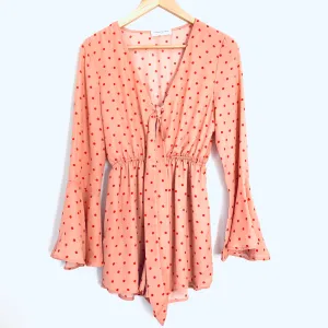 Goodnight Macaroon Pink and Red Dot Tie Front Long Sleeve Romper- Size S