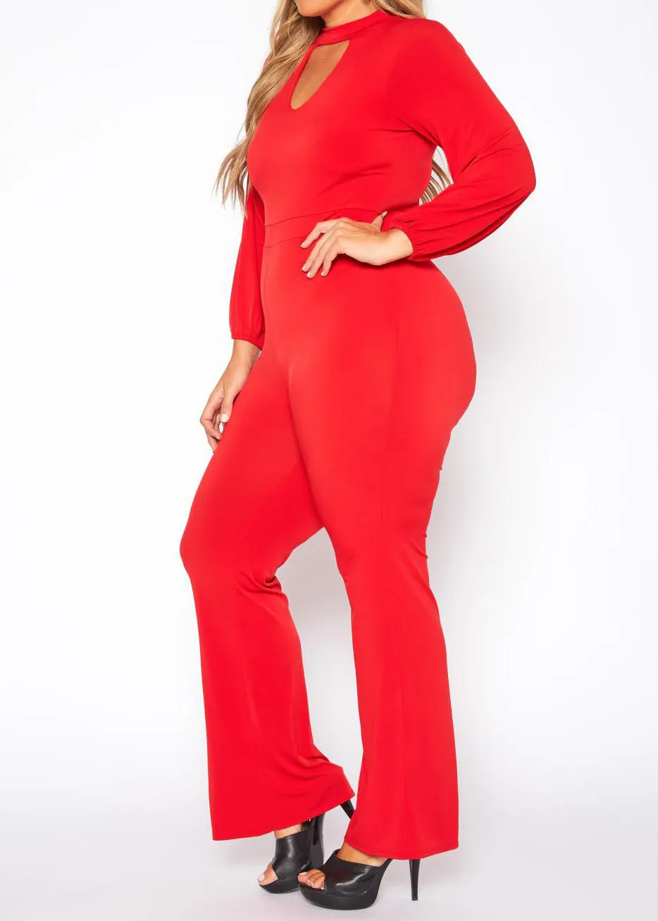 Hi Curvy Plus Size Women Keyhole Front Flare Leg Jumpsuit