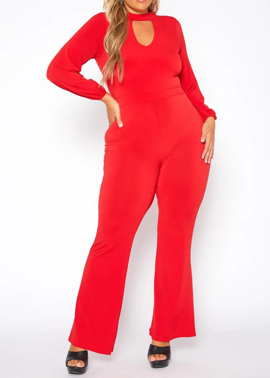 Hi Curvy Plus Size Women Keyhole Front Flare Leg Jumpsuit