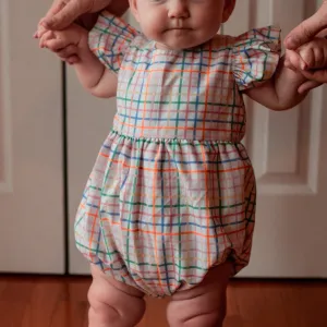 Infant Girl's Multicolor Rainbow Squares Print Bubble Romper