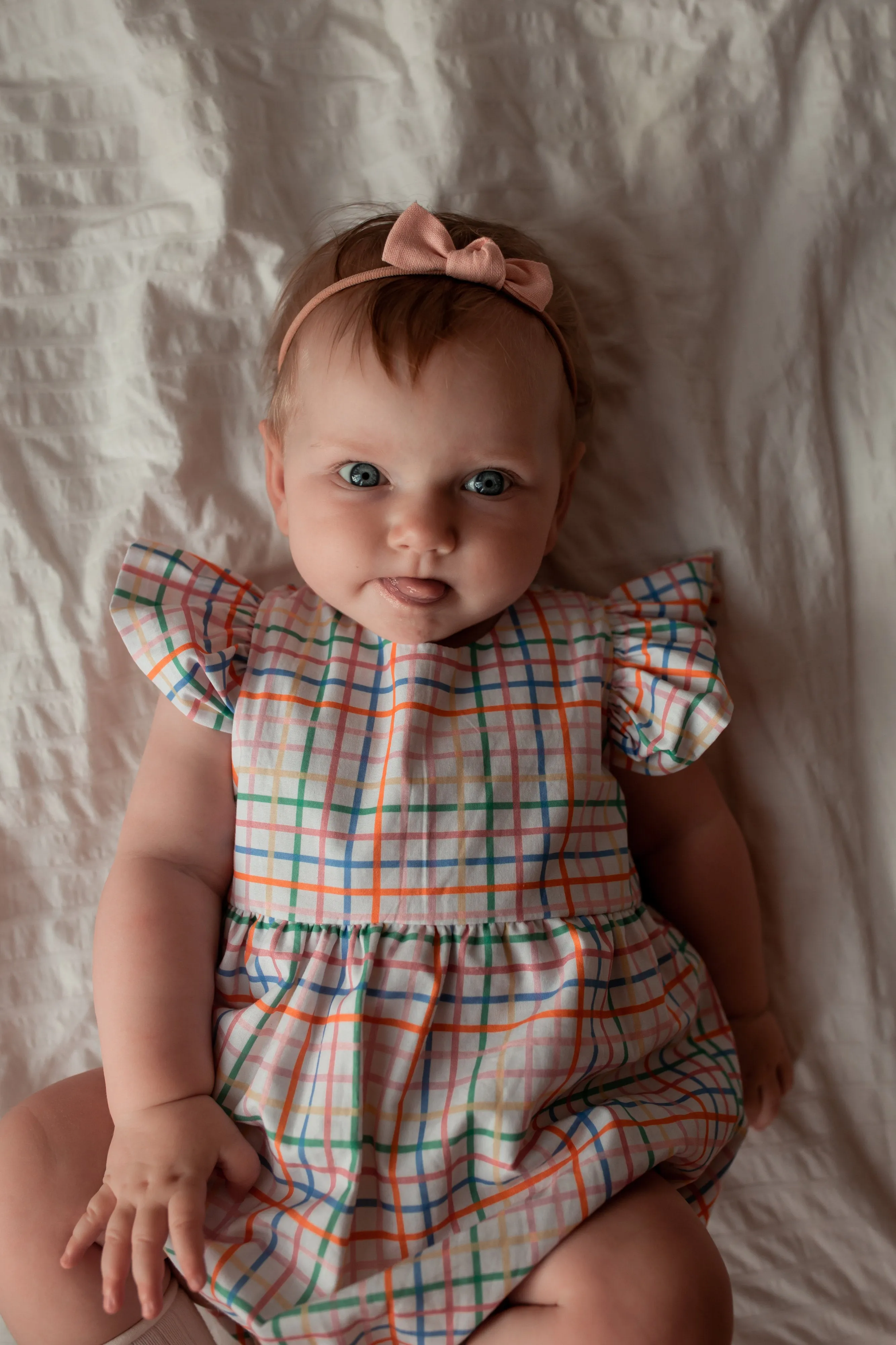 Infant Girl's Multicolor Rainbow Squares Print Bubble Romper