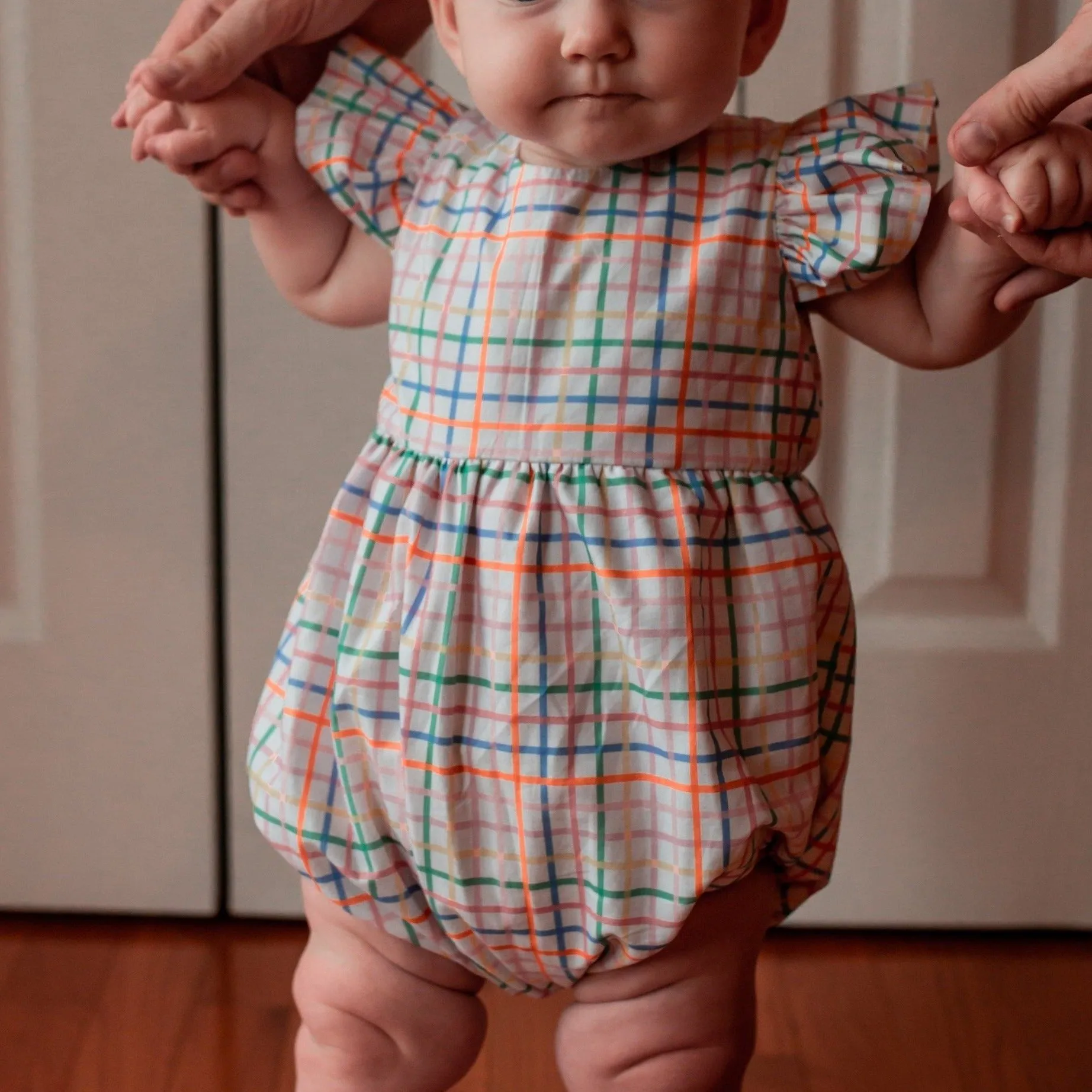 Infant Girl's Multicolor Rainbow Squares Print Bubble Romper