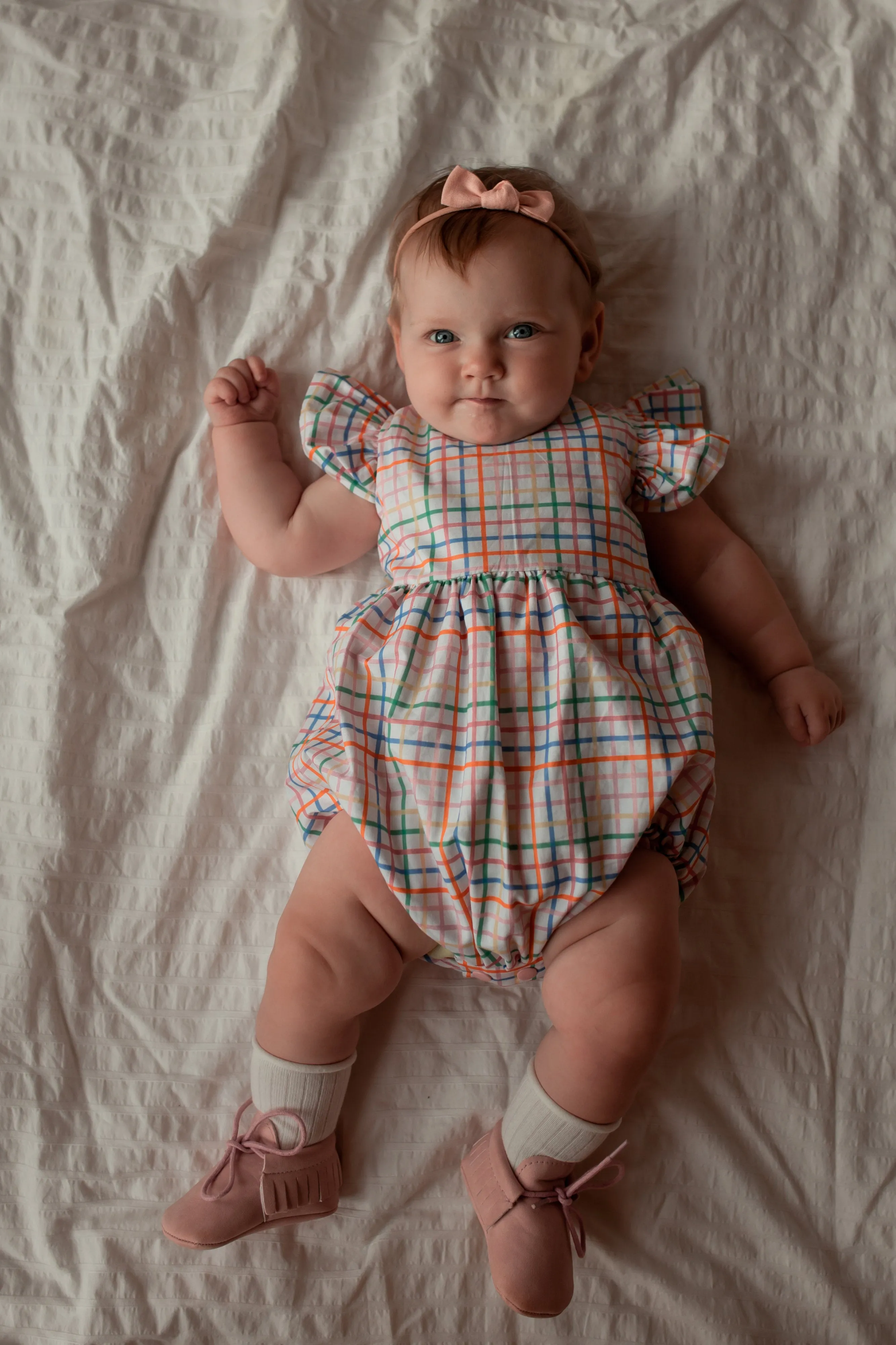 Infant Girl's Multicolor Rainbow Squares Print Bubble Romper