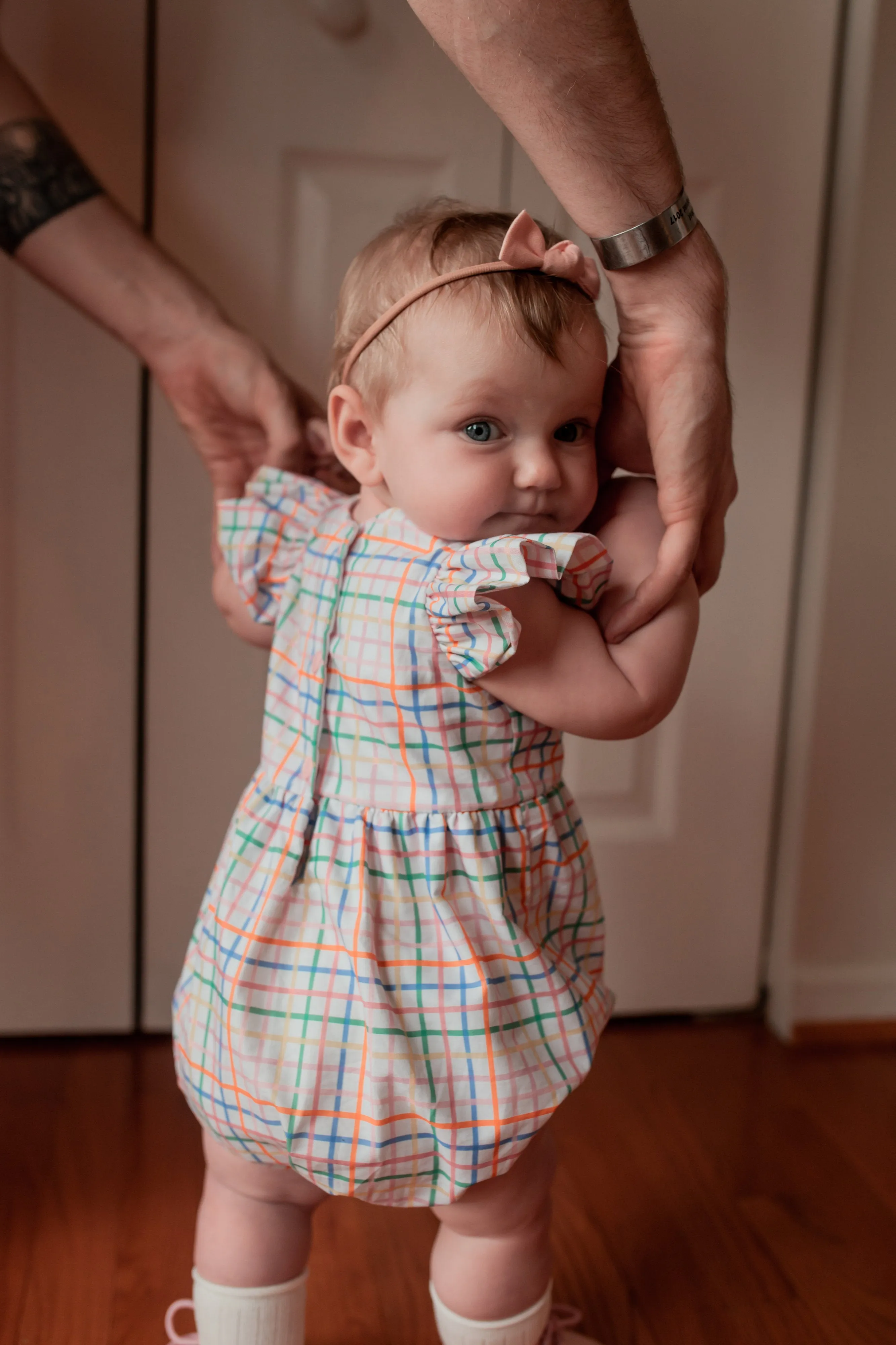 Infant Girl's Multicolor Rainbow Squares Print Bubble Romper