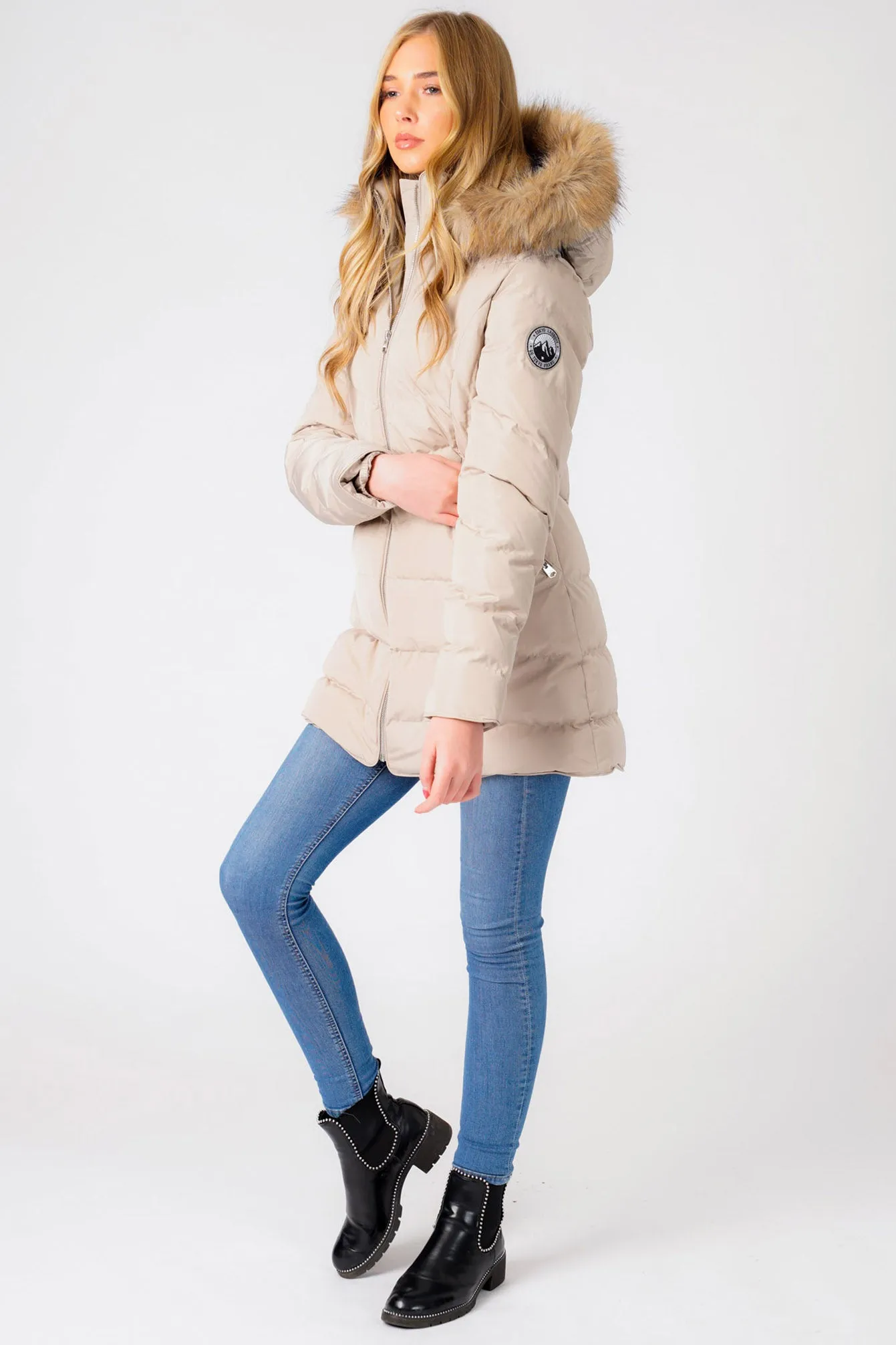 Jaboris Fur Funnel Neck Longline Quilted Puffer Coat in Fog Stone - Tokyo Laundry