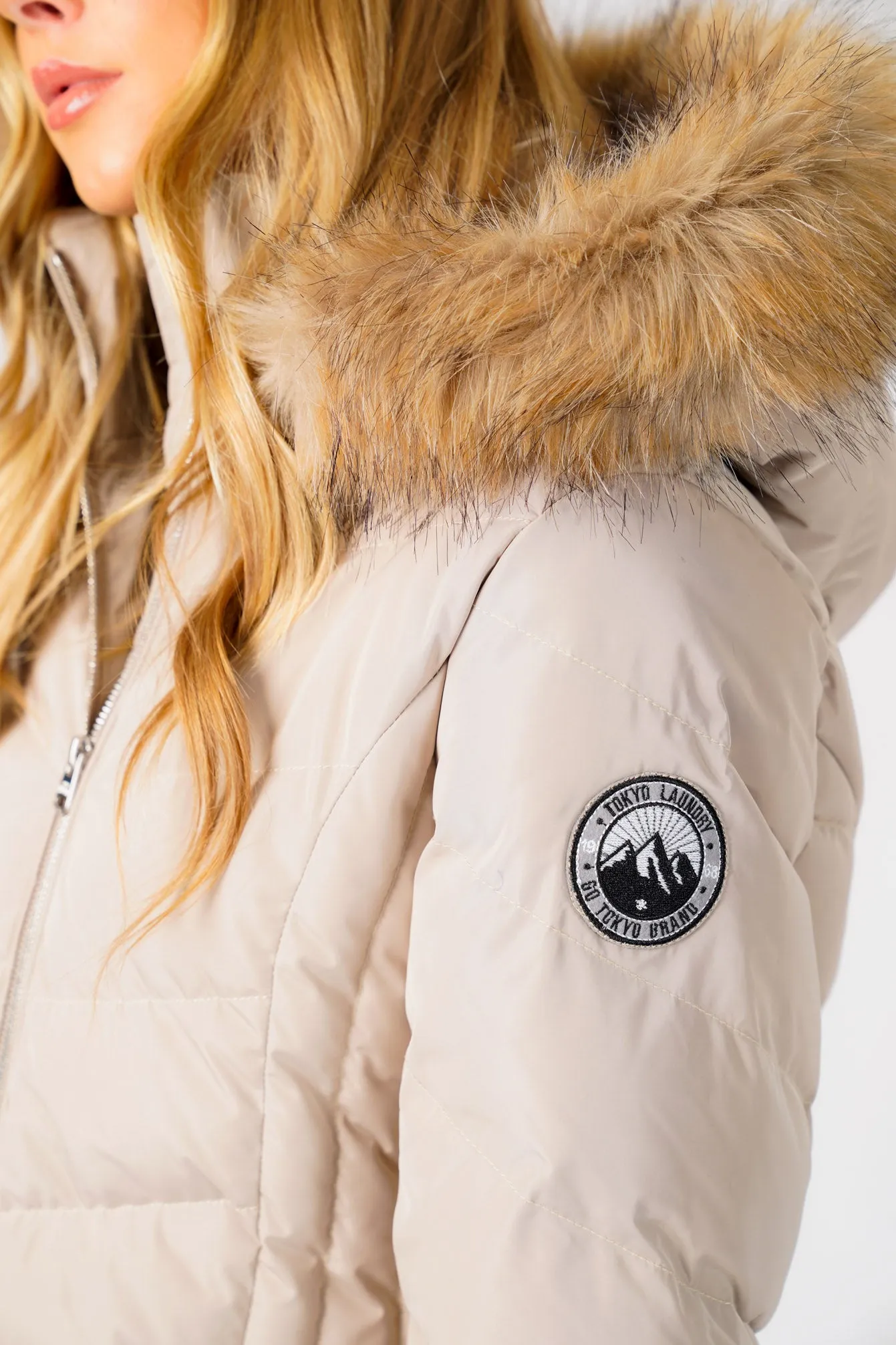 Jaboris Fur Funnel Neck Longline Quilted Puffer Coat in Fog Stone - Tokyo Laundry