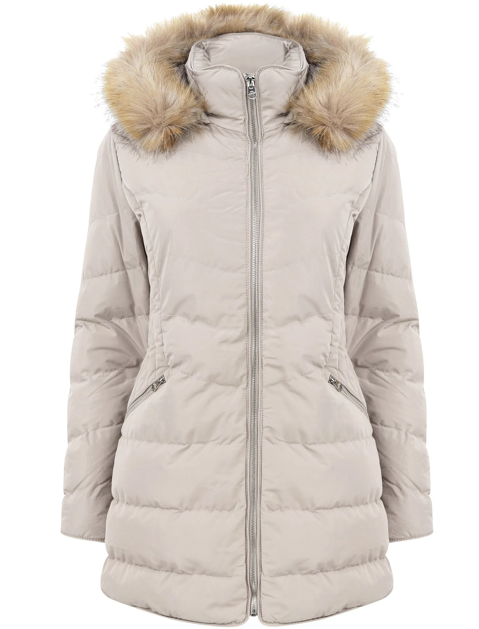 Jaboris Fur Funnel Neck Longline Quilted Puffer Coat in Fog Stone - Tokyo Laundry