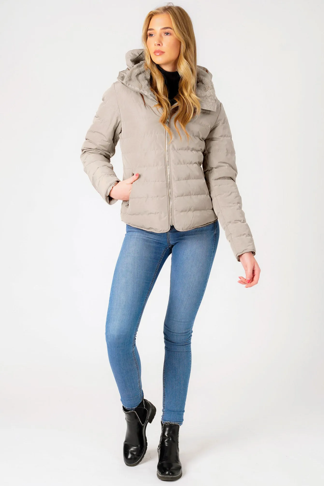Jaboris Fur Funnel Neck Longline Quilted Puffer Coat in Fog Stone - Tokyo Laundry