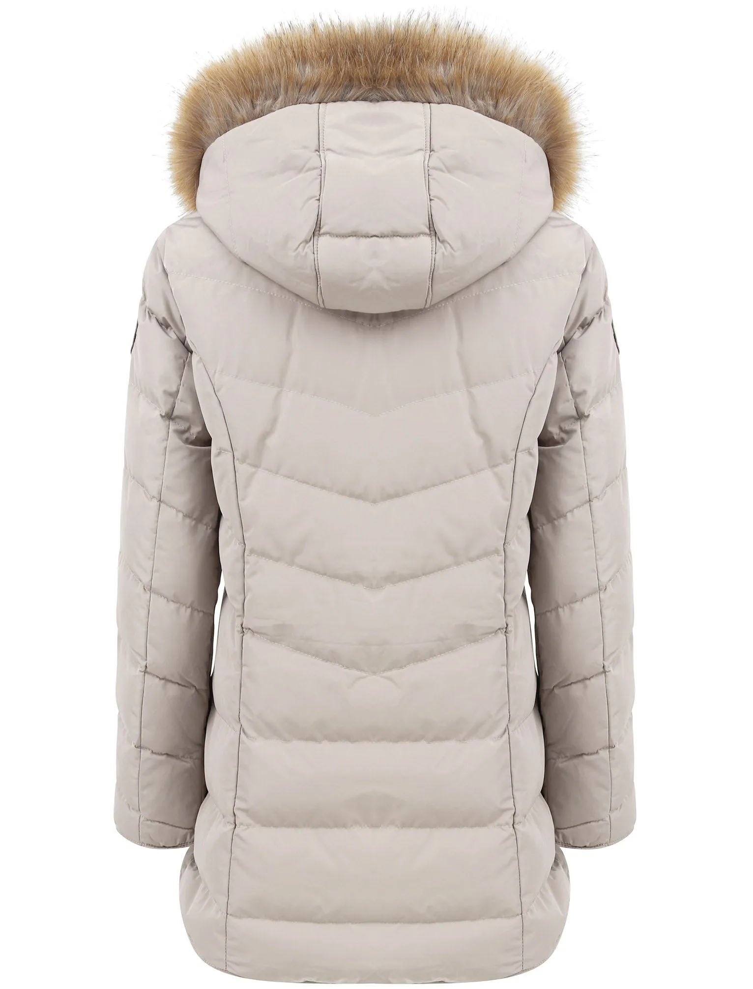 Jaboris Fur Funnel Neck Longline Quilted Puffer Coat in Fog Stone - Tokyo Laundry