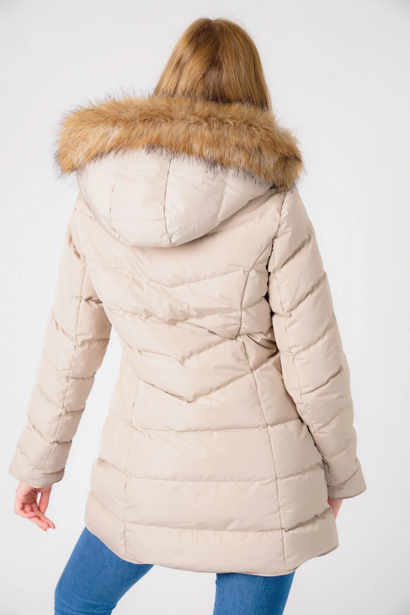 Jaboris Fur Funnel Neck Longline Quilted Puffer Coat in Fog Stone - Tokyo Laundry