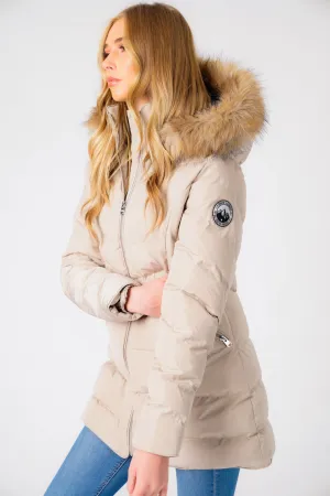 Jaboris Fur Funnel Neck Longline Quilted Puffer Coat in Fog Stone - Tokyo Laundry