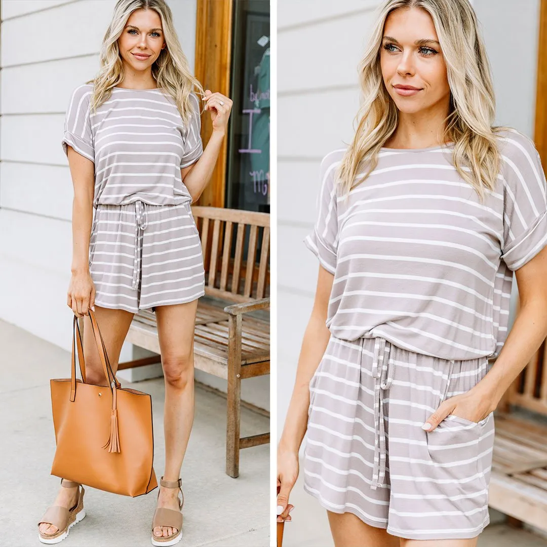 Keep It Moving Ash Mocha Brown Striped Romper