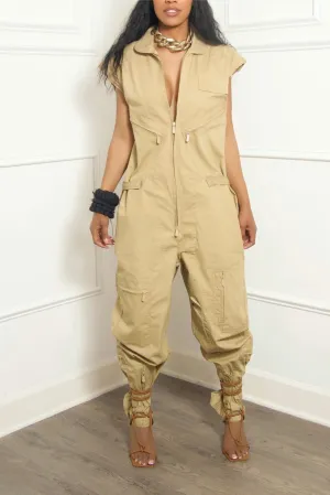 Khaki sleeveless zipper Jumpsuit