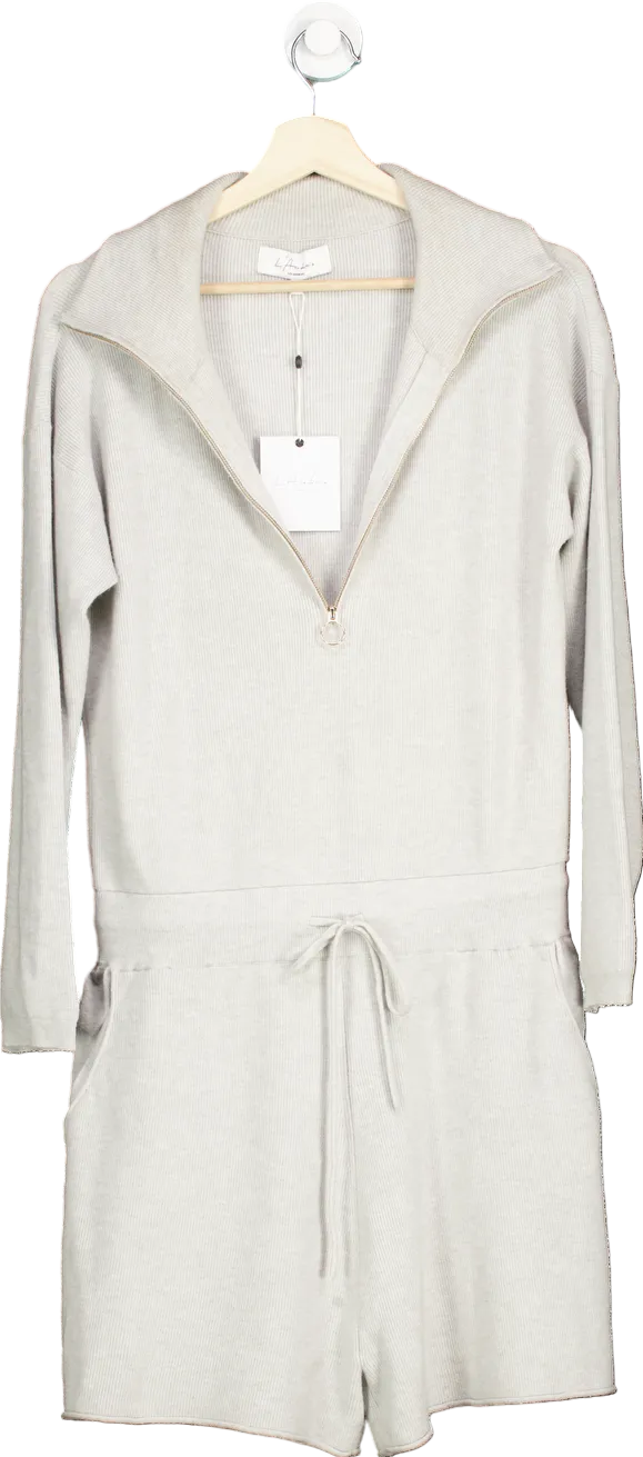 L'Academie Light Grey Ribbed Knit Zip-Up Romper M