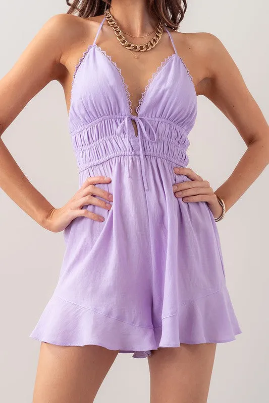 Lace Trim Halter Romper