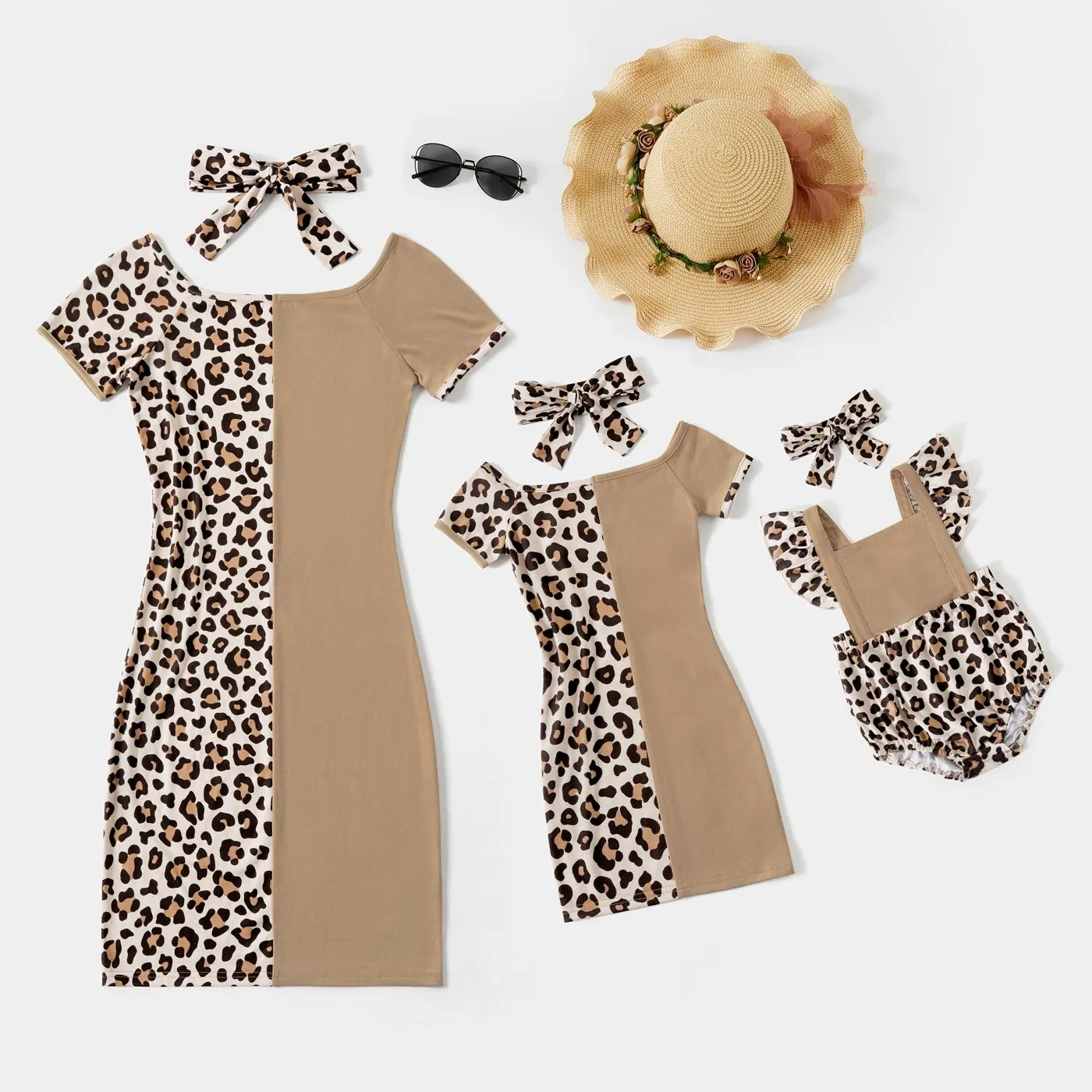 Leopard Splice Short-sleeve Matching Khaki Midi Dresses